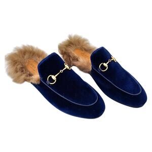 Gucci Princetown Horsebit Fur Lined Mule Flat Size 38 US 8 Blue Velvet Slipper